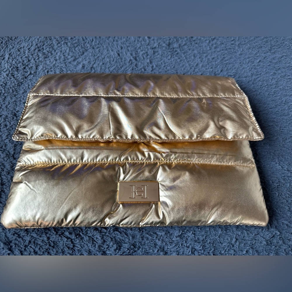 Carolina Herrera large soft gold fantasy puffer clutch bag purse